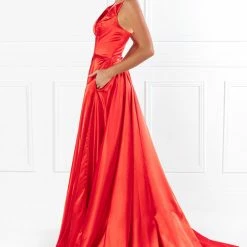 Honey Couture Made To Your Measurements Honey Couture JAYNE Satin Deep V Full Skirt Made To Order Formal Dress NEW ARRIVALS