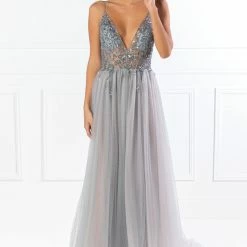 NEW ARRIVALS Honey Couture VIOLET Grey Tulle Crystal Beaded Formal Dress