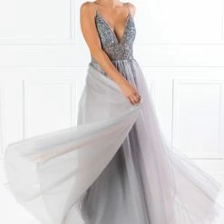 NEW ARRIVALS Honey Couture VIOLET Grey Tulle Crystal Beaded Formal Dress
