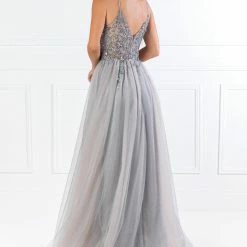 NEW ARRIVALS Honey Couture VIOLET Grey Tulle Crystal Beaded Formal Dress