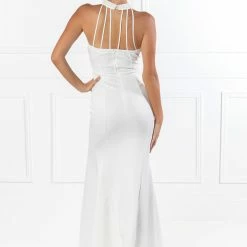 Honey Couture VALERIA White Beaded Halter Formal Gown