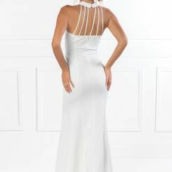 Honey Couture VALERIA White Beaded Halter Formal Gown