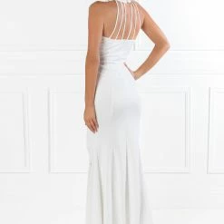 Honey Couture VALERIA White Beaded Halter Formal Gown