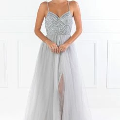 Honey Couture AINSLEY Grey Silver Crystal Beaded Tulle Formal Gown NEW ARRIVALS