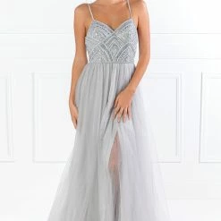 Honey Couture AINSLEY Grey Silver Crystal Beaded Tulle Formal Gown NEW ARRIVALS