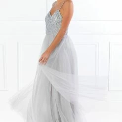 Honey Couture AINSLEY Grey Silver Crystal Beaded Tulle Formal Gown NEW ARRIVALS