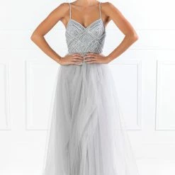 Honey Couture AINSLEY Grey Silver Crystal Beaded Tulle Formal Gown NEW ARRIVALS