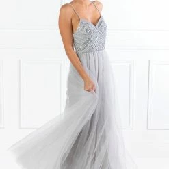 Honey Couture AINSLEY Grey Silver Crystal Beaded Tulle Formal Gown NEW ARRIVALS