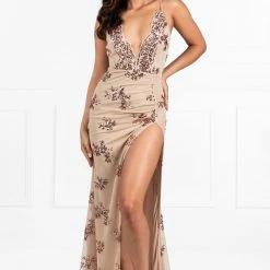 One Honey Boutique NEW ARRIVALS Honey Couture HIVE Nude & Gold Sequin Formal Gown