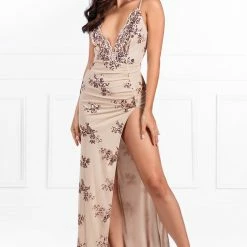 One Honey Boutique NEW ARRIVALS Honey Couture HIVE Nude & Gold Sequin Formal Gown