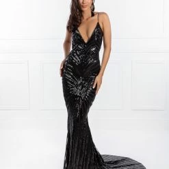Honey Couture TILDA Black Low Back Sequin Formal Gown Dress