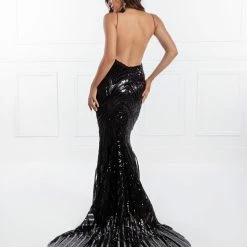 Honey Couture TILDA Black Low Back Sequin Formal Gown Dress