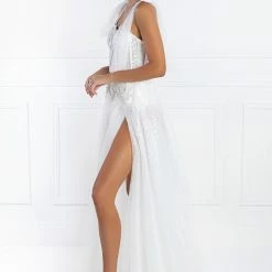 Honey Couture Made To Your Measurements Honey Couture APRIL White Tulle Glitter Bodysuit Formal Dress