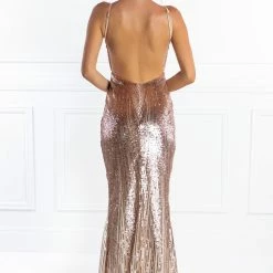 Honey Couture JAYLEN Gold Sequin Low Back Evening Gown Dress