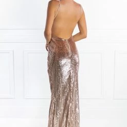 Honey Couture JAYLEN Gold Sequin Low Back Evening Gown Dress