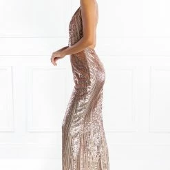 Honey Couture JAYLEN Gold Sequin Low Back Evening Gown Dress