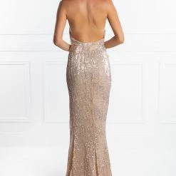 Honey Couture OAKLEY Gold Sequin Halter Formal Gown Dress NEW ARRIVALS