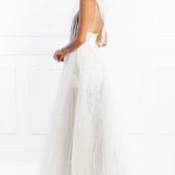 Honey Couture PEARLA White Tulle Bodysuit Formal Dress