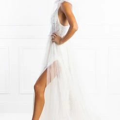 Honey Couture PEARLA White Tulle Bodysuit Formal Dress