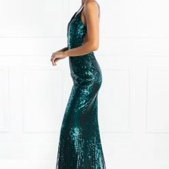 Honey Couture JAYLEN Emerald Green Sequin Low Back Evening Gown Dress