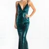 Honey Couture JAYLEN Emerald Green Sequin Low Back Evening Gown Dress