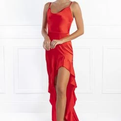 Honey Couture EVON Red Ruffle Satin Evening Gown Dress
