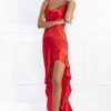 Honey Couture EVON Red Ruffle Satin Evening Gown Dress