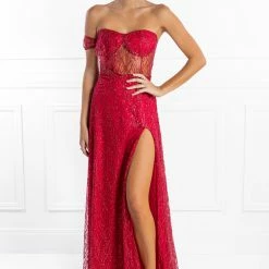 NEW ARRIVALS Honey Couture MARA Red Glitter One Sleeve Evening Gown Dress