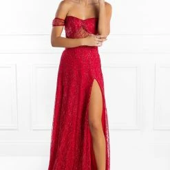 NEW ARRIVALS Honey Couture MARA Red Glitter One Sleeve Evening Gown Dress
