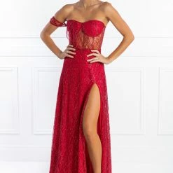 NEW ARRIVALS Honey Couture MARA Red Glitter One Sleeve Evening Gown Dress