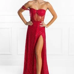 NEW ARRIVALS Honey Couture MARA Red Glitter One Sleeve Evening Gown Dress