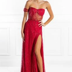 NEW ARRIVALS Honey Couture MARA Red Glitter One Sleeve Evening Gown Dress