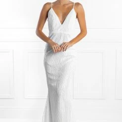 NEW ARRIVALS Honey Couture JAYLEN White Sequin Low Back Evening Gown Dress