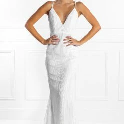 NEW ARRIVALS Honey Couture JAYLEN White Sequin Low Back Evening Gown Dress