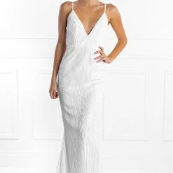 NEW ARRIVALS Honey Couture JAYLEN White Sequin Low Back Evening Gown Dress