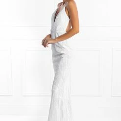 NEW ARRIVALS Honey Couture JAYLEN White Sequin Low Back Evening Gown Dress