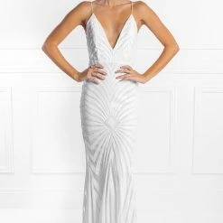 Honey Couture TILDA White Low Back Sequin Mermaid Formal Gown Dress