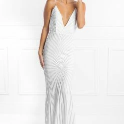 Honey Couture TILDA White Low Back Sequin Mermaid Formal Gown Dress