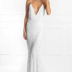 Honey Couture TILDA White Low Back Sequin Mermaid Formal Gown Dress
