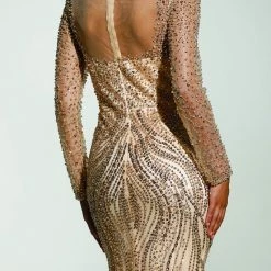 Tina Holly Couture Made To Order MOTHER OF BRIDE/GROOM Tinaholy Couture T17130 Gold Beaded Mesh Sleeve Formal Gown Prom Dress