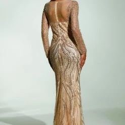 Tina Holly Couture Made To Order MOTHER OF BRIDE/GROOM Tinaholy Couture T17130 Gold Beaded Mesh Sleeve Formal Gown Prom Dress