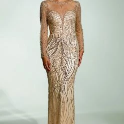 Tina Holly Couture Made To Order MOTHER OF BRIDE/GROOM Tinaholy Couture T17130 Gold Beaded Mesh Sleeve Formal Gown Prom Dress
