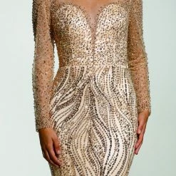 Tina Holly Couture Made To Order MOTHER OF BRIDE/GROOM Tinaholy Couture T17130 Gold Beaded Mesh Sleeve Formal Gown Prom Dress