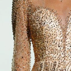 Tina Holly Couture Made To Order MOTHER OF BRIDE/GROOM Tinaholy Couture T17130 Gold Beaded Mesh Sleeve Formal Gown Prom Dress