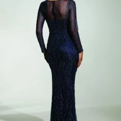 Tina Holly Couture Made To Order Tinaholy Couture T17130 Blue Beaded Mesh Sleeve Formal Gown Prom Dress
