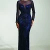 Tina Holly Couture Made To Order Tinaholy Couture T17130 Blue Beaded Mesh Sleeve Formal Gown Prom Dress