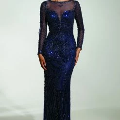 Tina Holly Couture Made To Order Tinaholy Couture T17130 Blue Beaded Mesh Sleeve Formal Gown Prom Dress