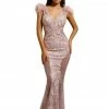 Portia & Scarlett Made To Order Portia & Scarlett FUFU Rose Gold Feather Mesh Couture Beaded Formal Gown