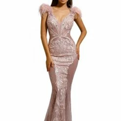 Portia & Scarlett Made To Order Portia & Scarlett FUFU Rose Gold Feather Mesh Couture Beaded Formal Gown