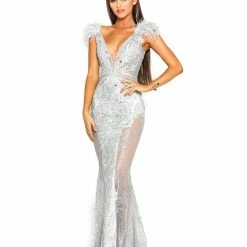 Portia & Scarlett Made To Order Portia & Scarlett FUFU Silver Feather Mesh Couture Beaded Formal Gown NEW ARRIVALS